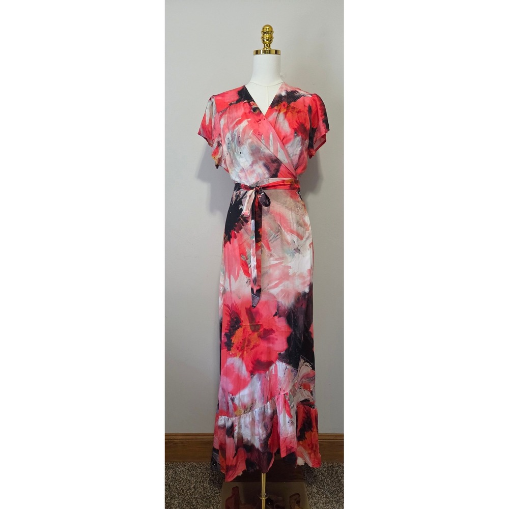 Suki So Women Floral Watercolor Wrap Maxi Dress Coral Pink Black 2X NWT